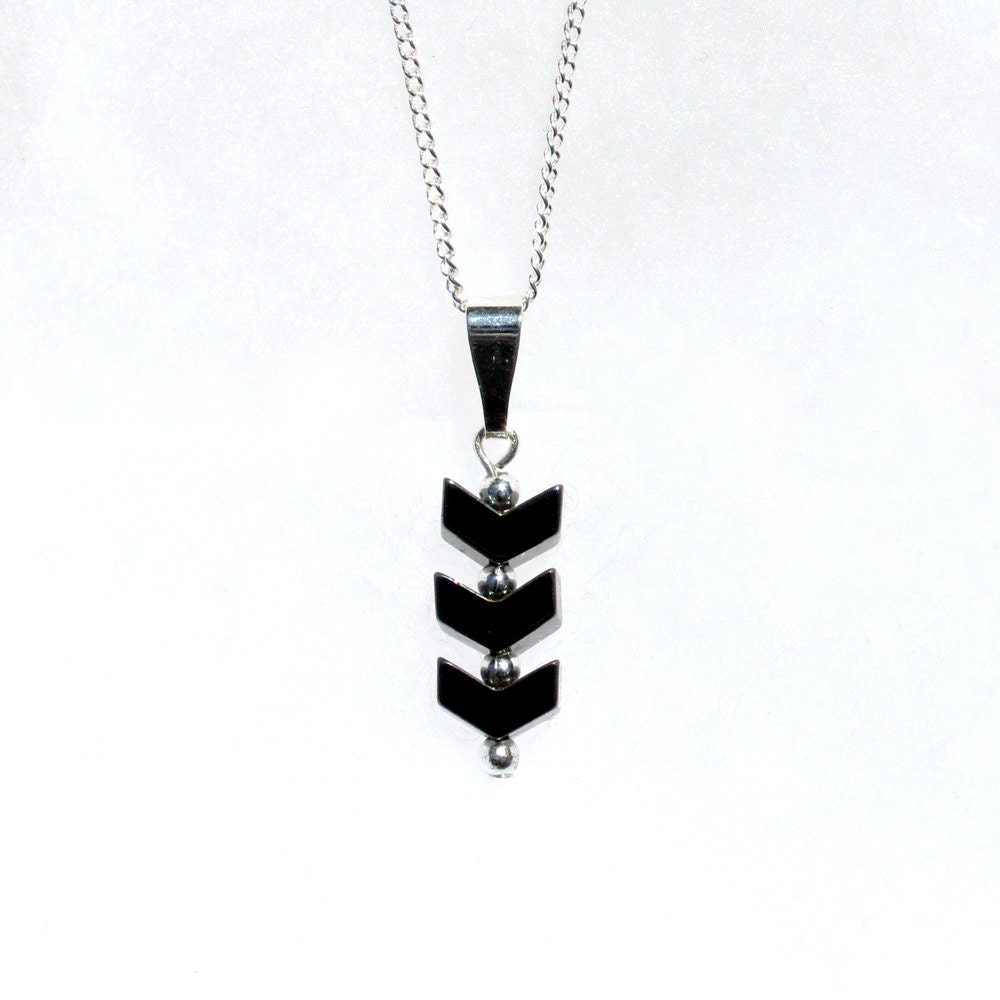 Silver Necklace with Hematite Chevrons, Silver Pendant Necklace, Hematite Pendant, Hematite Necklace