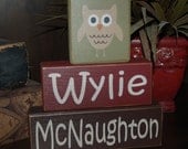 First Middle or Last Name Birth Announcement OWL Theme PERSONALIZED Name Girls Boys Kids Children Wood Sign Blocks Primitive Country Rustic