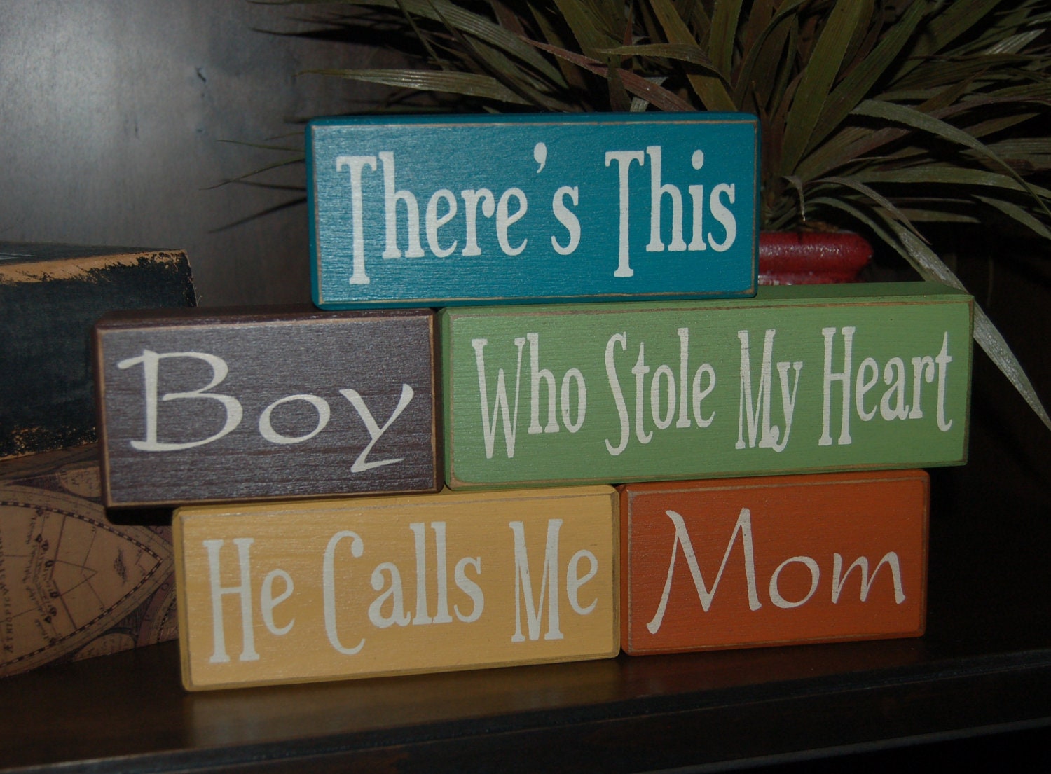 There's This BOY Boys Who Stole My Heart He Calls Me MOM Primitive Wood Sign Stacking Blocks Personalized Gift Distressed Word Blocks
