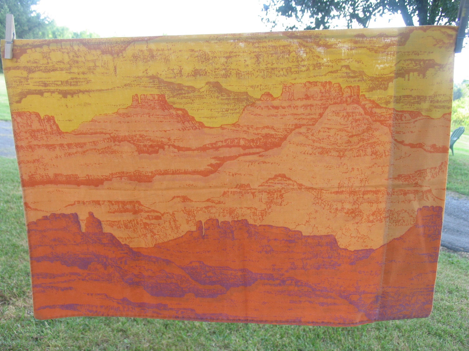 Vintage Sheets Set Twin Top or Flat, Twin Fitted or Bottom Sheet with Matching Pillowcase Mountains and Buttes Oranges and Golds and Purples