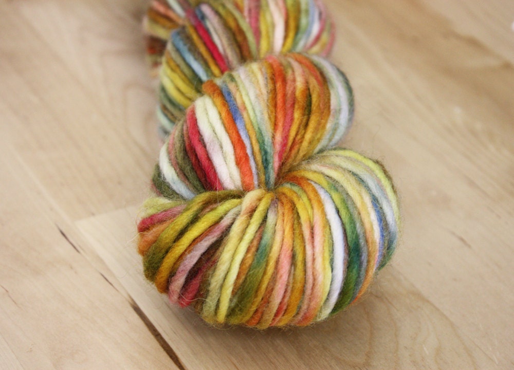 RESERVED Hand Dyed Yarn / Gold Red Orange Blue Mohair Wool / Bulky Weight
