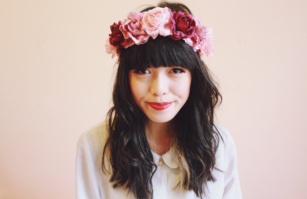 rose crown headband hair wreath - santa monica, romantic statement headpiece, large flower crown, oversized, woodland.