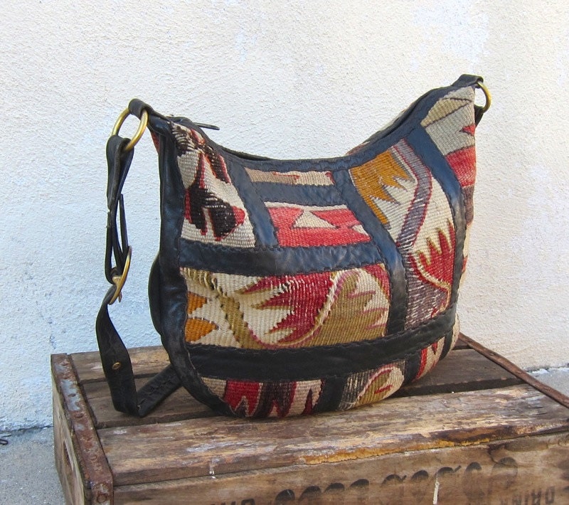 Vintage Large Kilim Navajo Wool Patchwork w/Blue Black Leather Trim Hobo Purse by Joan and David