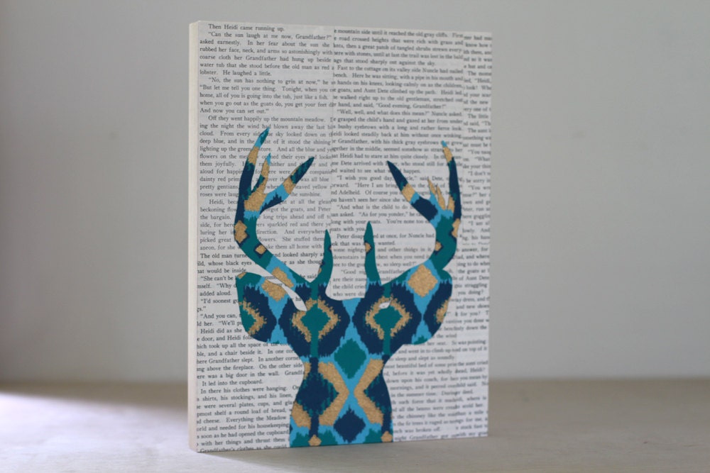 Ikat Deer Head Silhouette in Turquoise, Blue, and Gold, Deer Art, Deer Head With Antlers Over Vintage Book Pages, Woodland Wall Art, 9x12