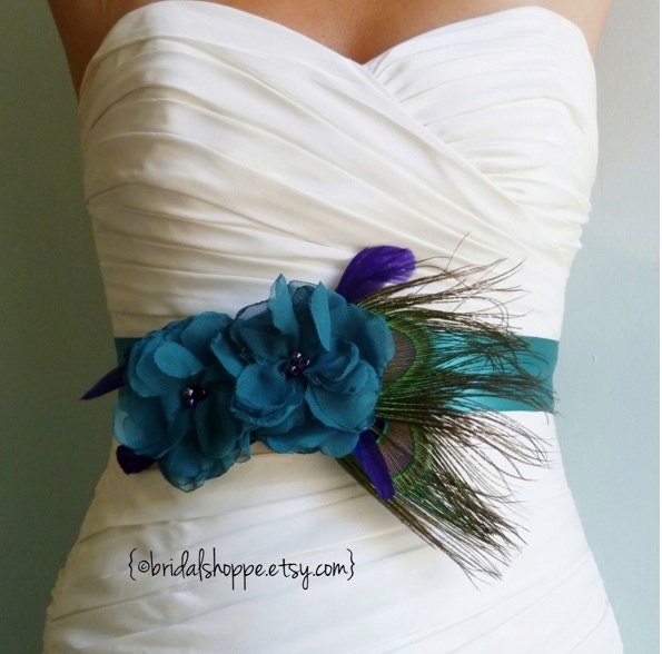 Wedding Sash Belt MALLORY - Two Teal Flowers on Teal Satin with Peacock Feathers