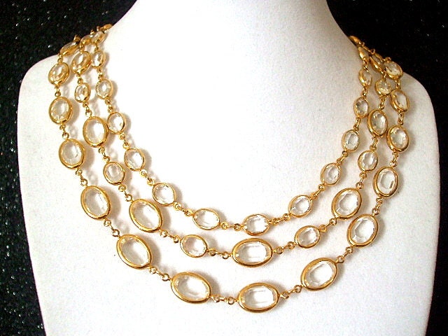 Glass Necklace- Rhinestone Necklace- Crystal Necklace- Gold Chain Necklace