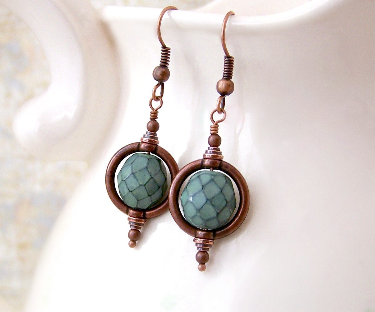 Green and Copper Steampunk Earrings with a Saturn Ring - Steampunk Jewelry - Jade Green Beads