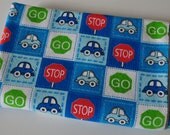 Summer Baby Boy Flannel Fabric in Bright Blue, Green, Red, and White Cars and Stop Signs for Quilts, Blankets, or Burp Cloths