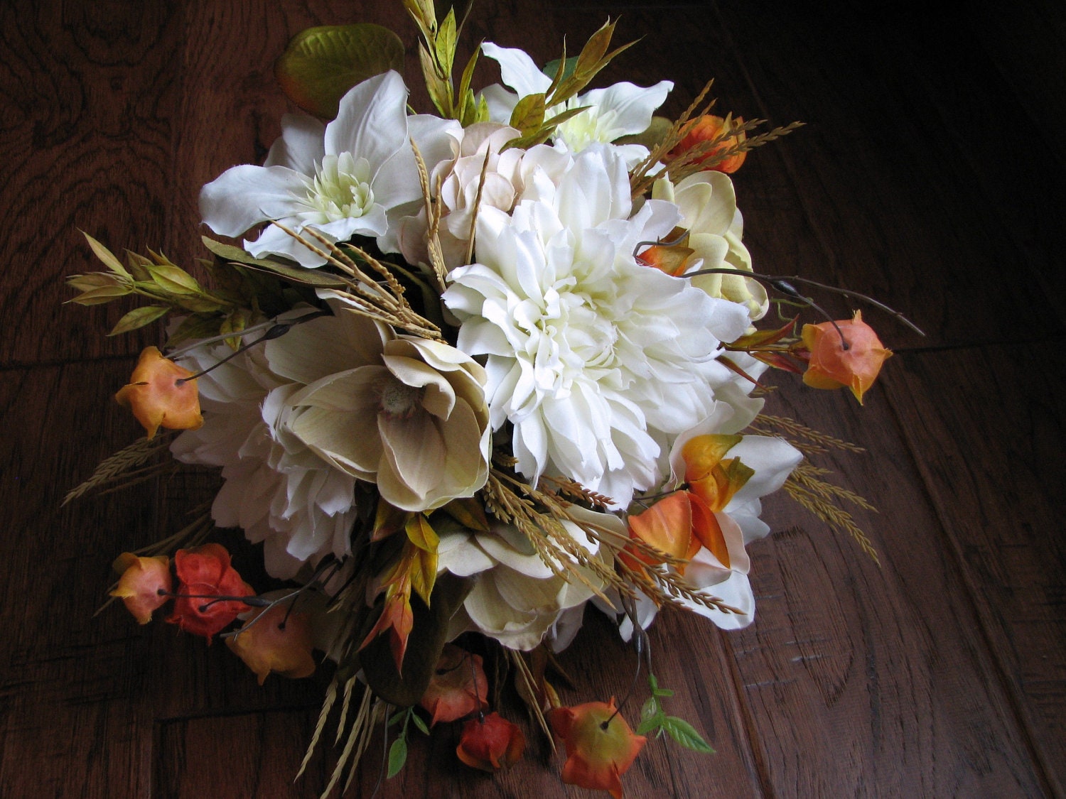 rustic wedding bouquet flowers fall hydrangea, dahlias, chinese lantern white, cream, orange