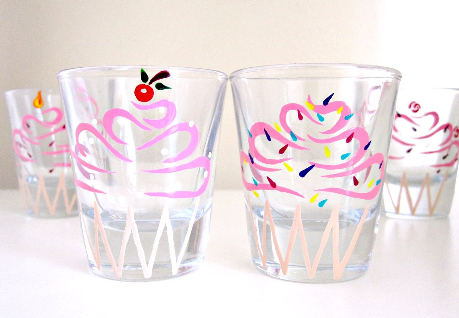 You Pick 2- Birthday Cupcake Shot Glasses- Hand Painted Glassware