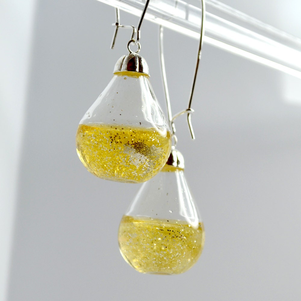 2 inches Long drop golden glitter water pear shaped sterling silver earrings