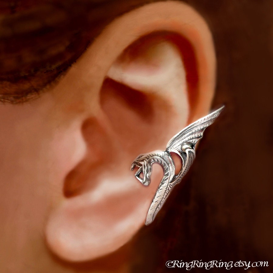 925. Sea Serpent - Sterling Silver ear cuff earring, wing snake dragon earcuff, Left non pierced jewelry for men and women  102512
