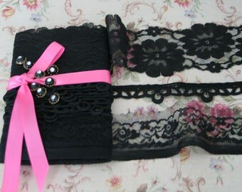 BLACK LACE, VINTAGE Lace KIt,  8 - 1/2 Yards, Black And Rhinestone Vintage Buttons, Gorgeous.