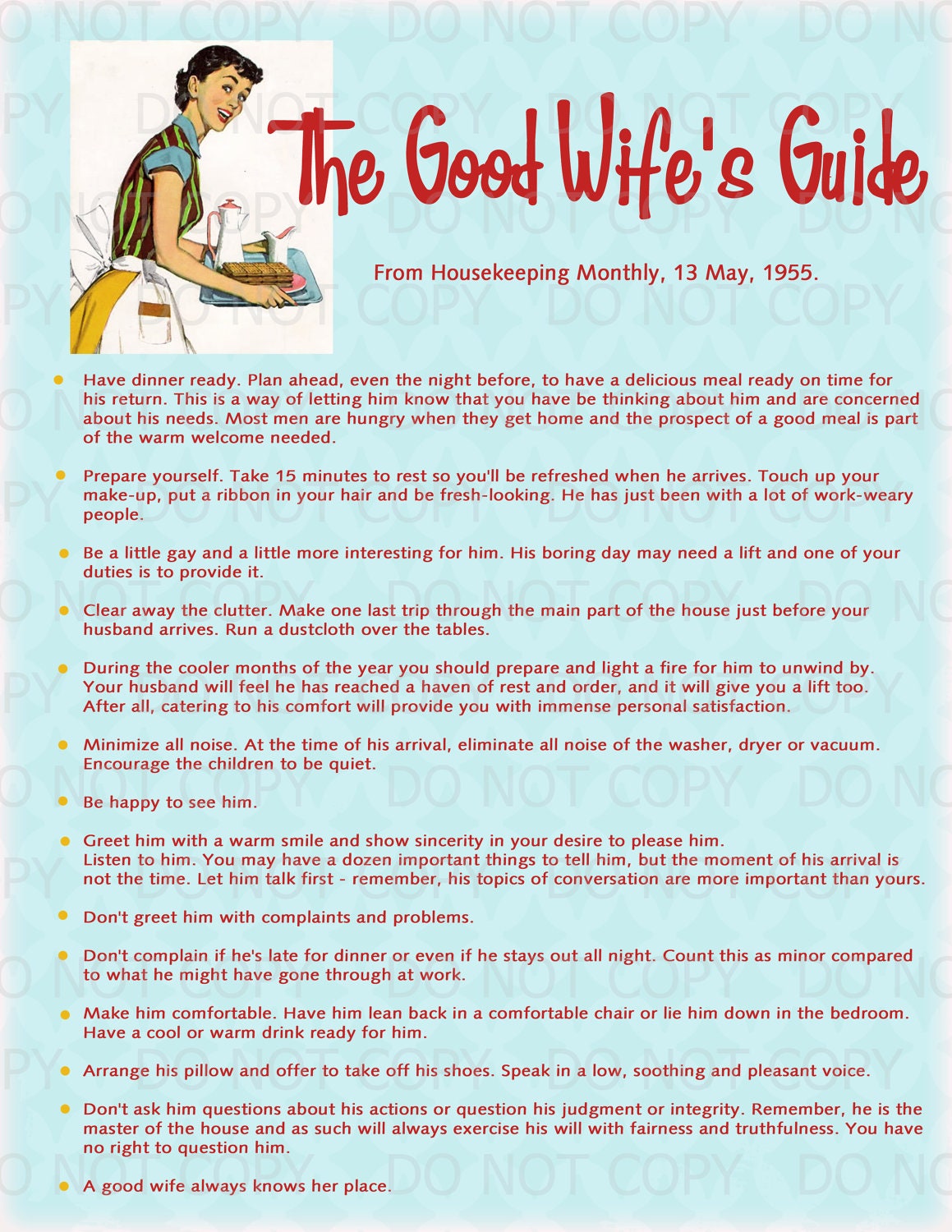 Printable Retro Housewife themed Bridal Shower Display Print - A Good Wife's Guide 8x10