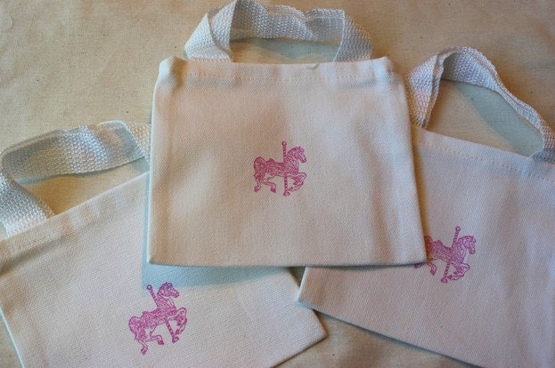 Pink Carousel Horse White Cotton Mini Canvas Bags Great for Birthday Parties, Baby Showers - 5" x 6" Il_570xn