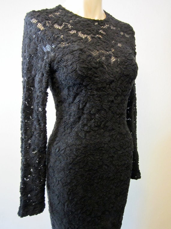 Gorgeous Vtg Black CROCHET LACE Overlay Evening Dress Gothic Wedding Gown M