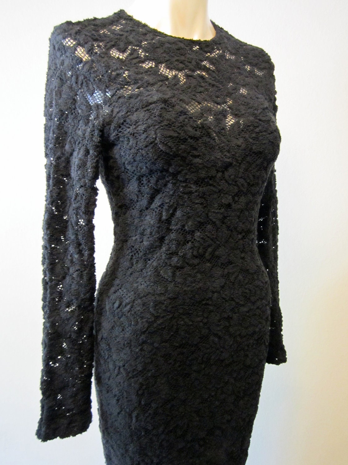 Gorgeous Vtg Black CROCHET LACE Overlay Evening Dress Gothic Wedding Gown M