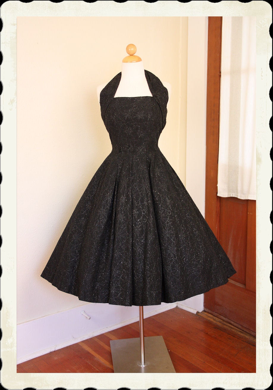 DESIGNER Couture 1950's New Look Metallic Floral Embroidered Inky Black Taffeta Halter Party Dress by Suzy Perette - Bombshell -VLV - Size M