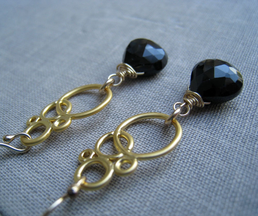 Black Spinel earrings-geometric gold links, modern earrings
