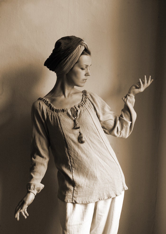 Light Blue Cotton Gauze Blouse with Tassels