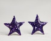 tiny star post earrings in amethyst purple sparkles - resin stars stud earrings