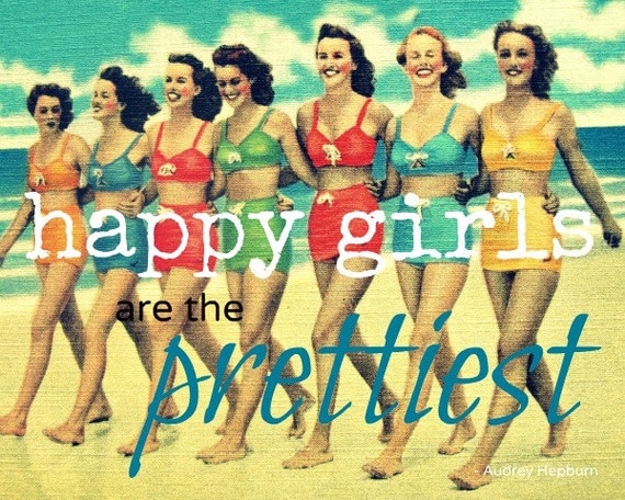 Color Photography Happy Girls are the Prettiest 11x14 Audrey Hepburn aqua red Beach color Retro Nostalgia Gifts for her Print Typography