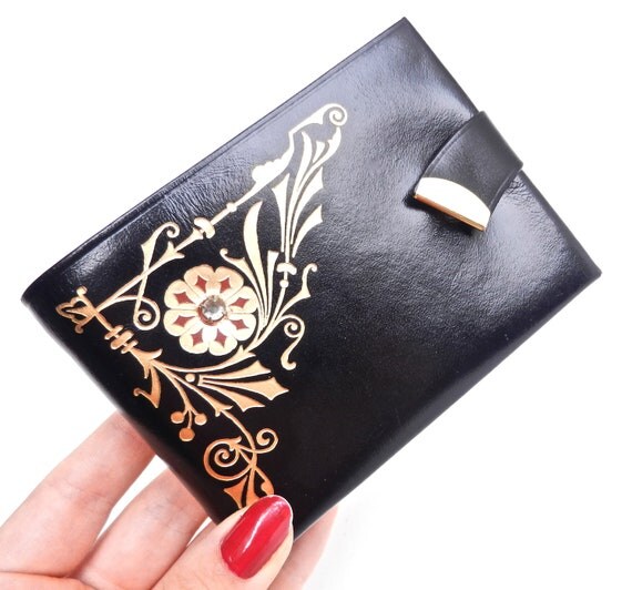 Black Leather Wallet - Mid Century Jonathan Haager Change Purse / Chic Floral Filigree
