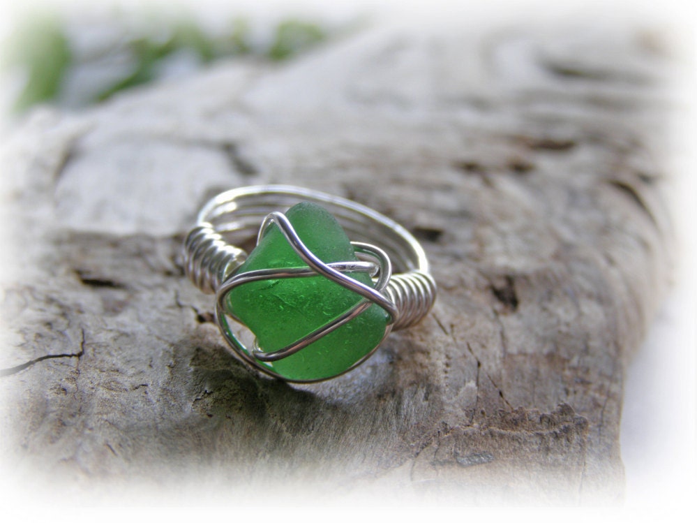 Beach Glass Seaglass Ring Kelly Green Beach Glass Ring Size 6