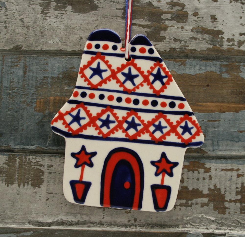 USA Patriotic Cottage Ceramic House Ornament Hand Painted