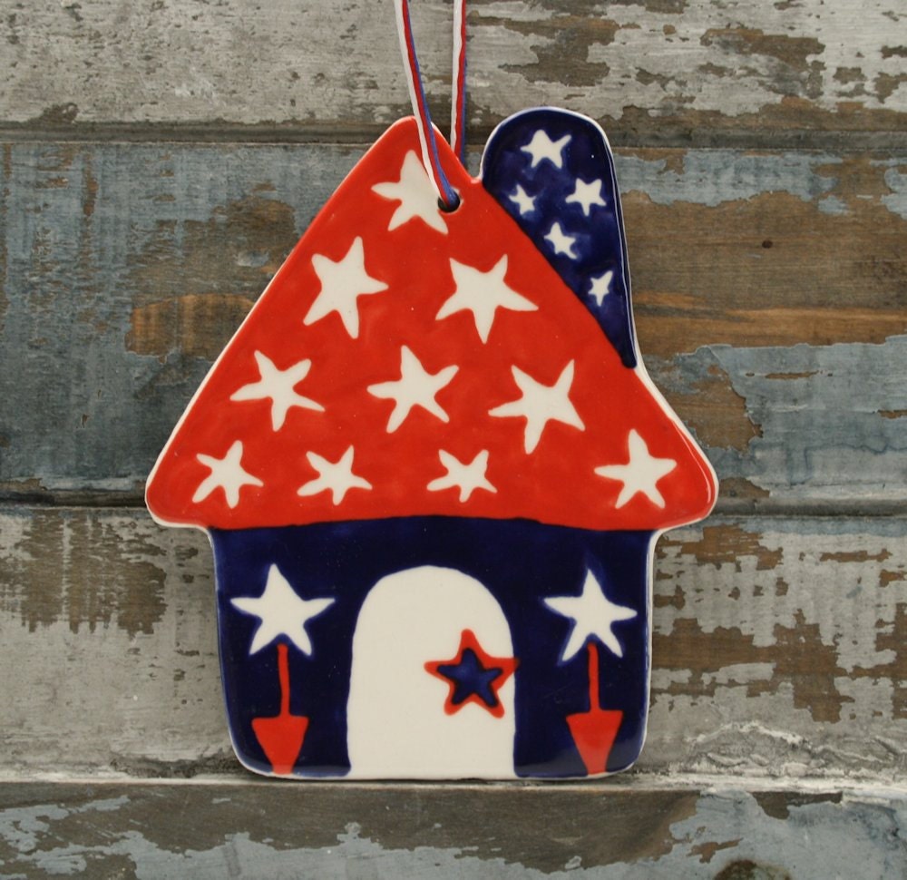 USA Patriotic Cottage Ceramic House Ornament Hand Painted