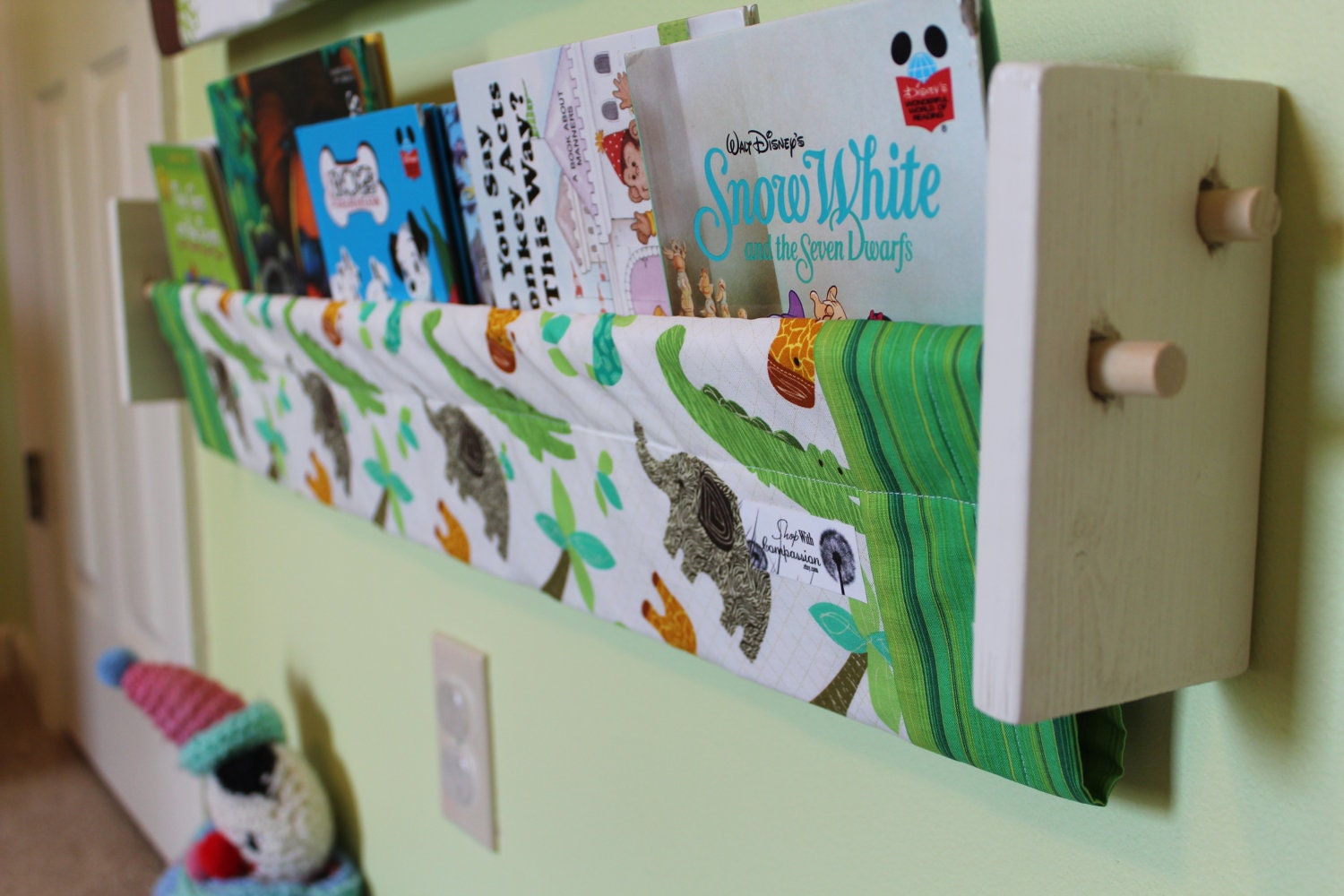 Child's Book Sling -  Green Jungle Kids book storage shelf Boy nursery decor - ShopWithCompassion