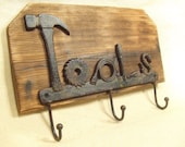 Rustic Cast Iron tool coat rack -- lodge cabin decor rich patina