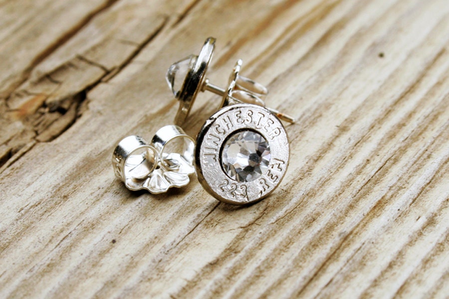 Classy, Dainty Winchester .223 Bullet Head Stud Earrings Swarovski Crystals .925 Sterling Silver Post