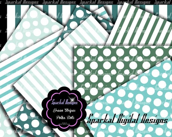 Green Digital Paper Polka Dot, Stripes Printable Digital Paper Instant Digital Scrapbooking Party Paper Invitation background Paper Il_570xn
