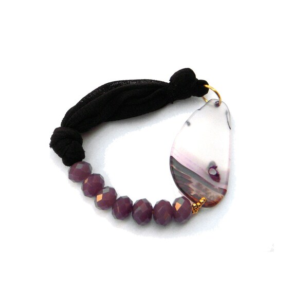 Fabric  bracelet   Bangle  with pink crystal beads and agate for her - one of a kind - OOAK