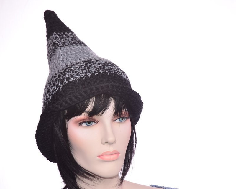 Crochet Womens Witch Hat Brimmed Pointed Hat Wyrd Sister Pointed Black and Gray by MountainGoth