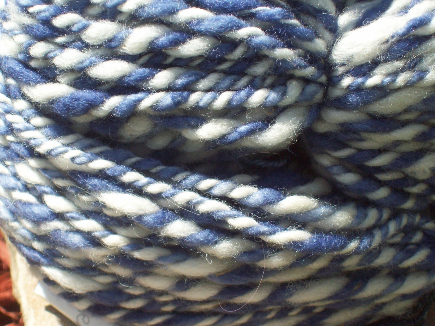 Handspun, organic Yarn,  CORMO WOOL, hand-dyed, and natural, 111 yards, "Blue Jeans and White T Shirt", thick and thin, bulky - theSheepandI