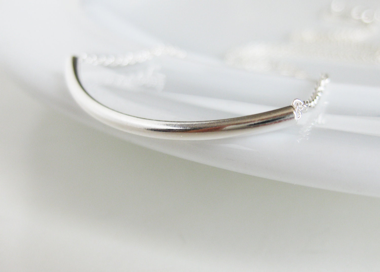 Modern Minimalist Silver Tube Necklace. Dainty Chain with curved noodle detail. Sensual & Elegant Jewelry. Perfect for Bridesmaids.