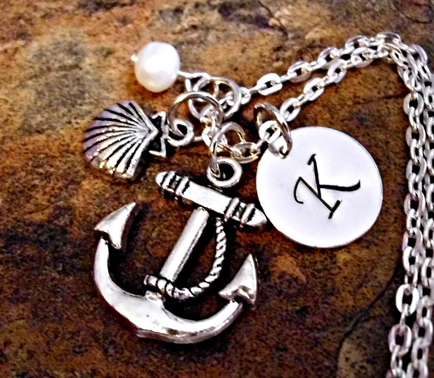 Anchor Necklace, Personalized Necklace, Pearl Necklace, Ocean Jewelry, Beach Jewelry, Nautical Jewelry