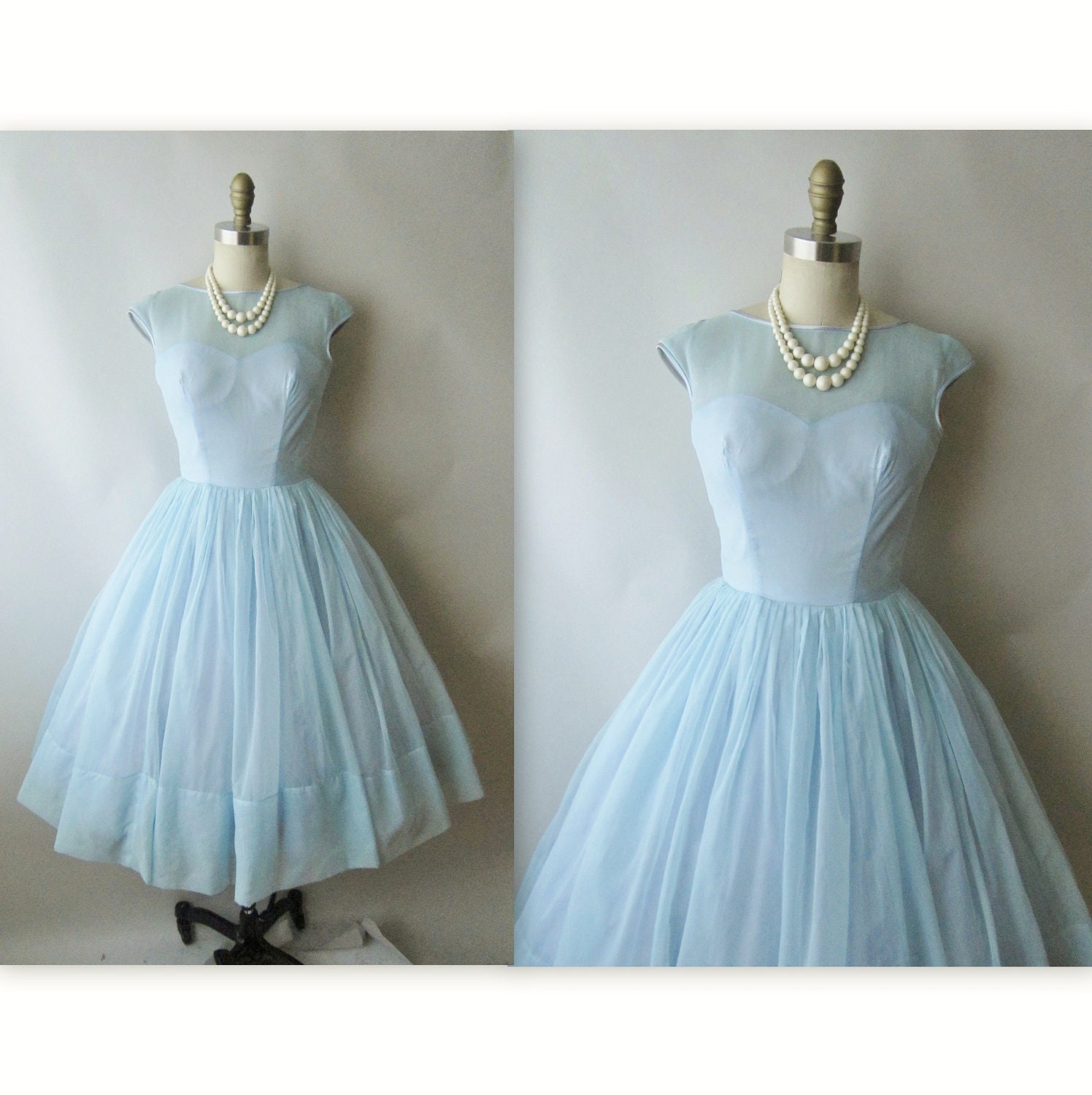 50's Chiffon Dress // Vintage 1950's Baby Blue Chiffon Illusion Full Garden Party Prom Wedding Dress XS XXS