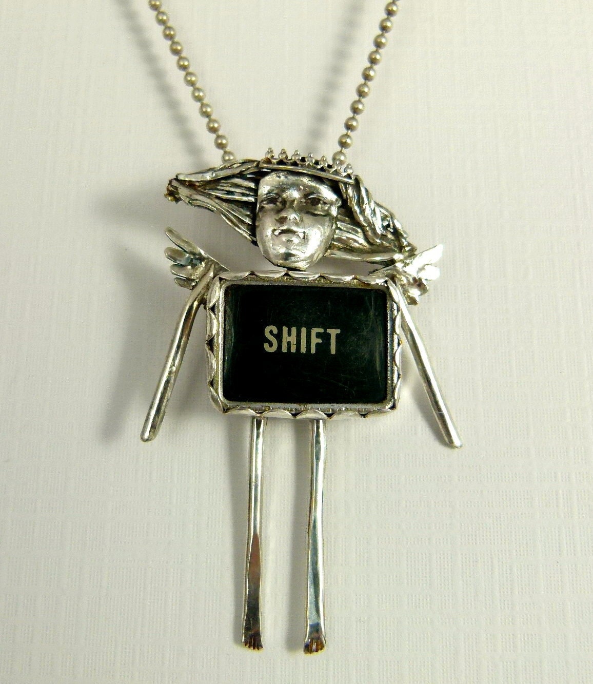 Angel Sierra Shifts Her Way Of Thinking - Repurposed Sterling, A Typewriter Key, And PMC - Art Jewelry Pendant - 849