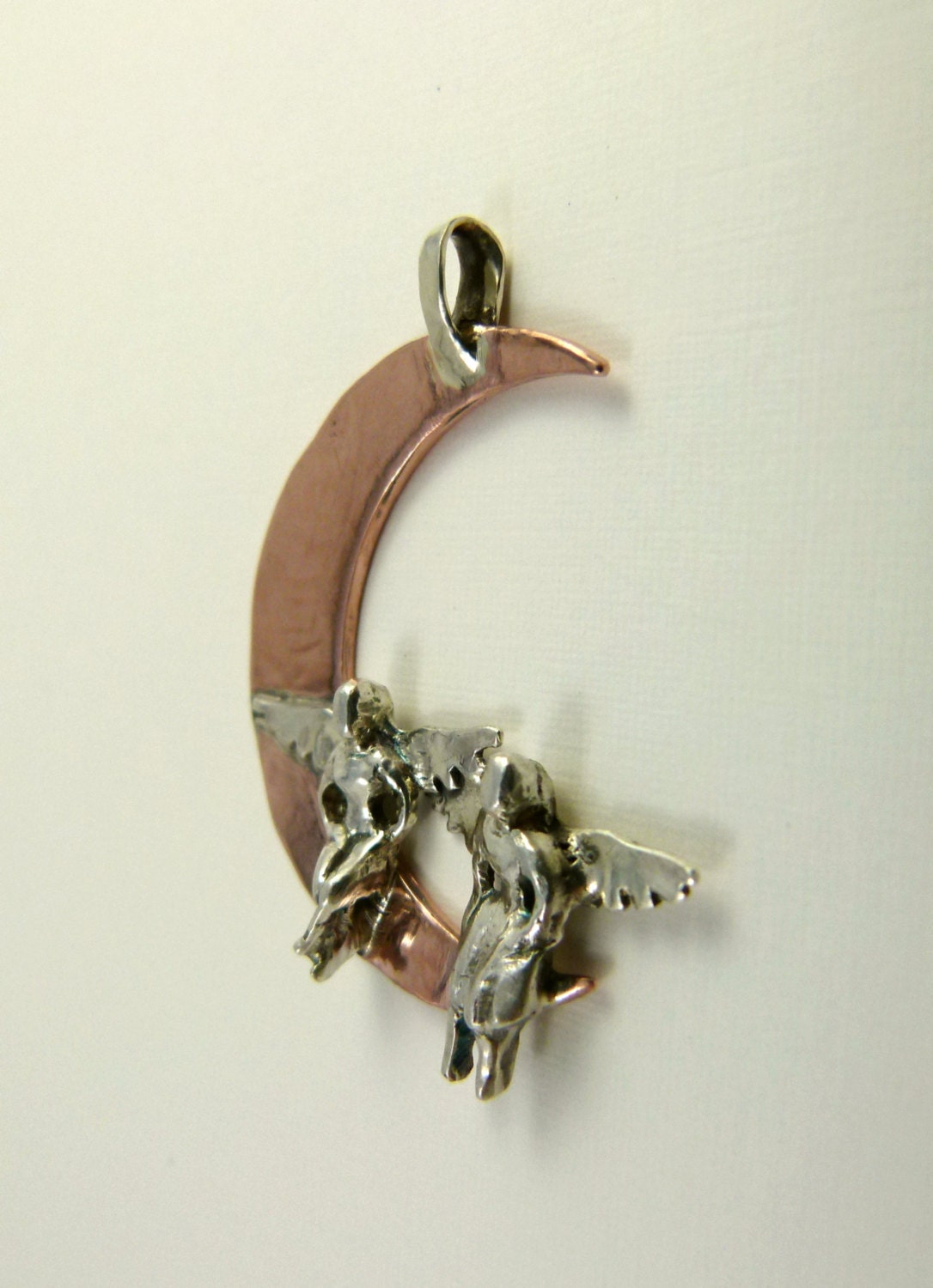Angels Helen And Irene Sit On The Moon - Up Cycled Sterling Silver, Copper, And PMC - Art Jewelry Pendant - 1206