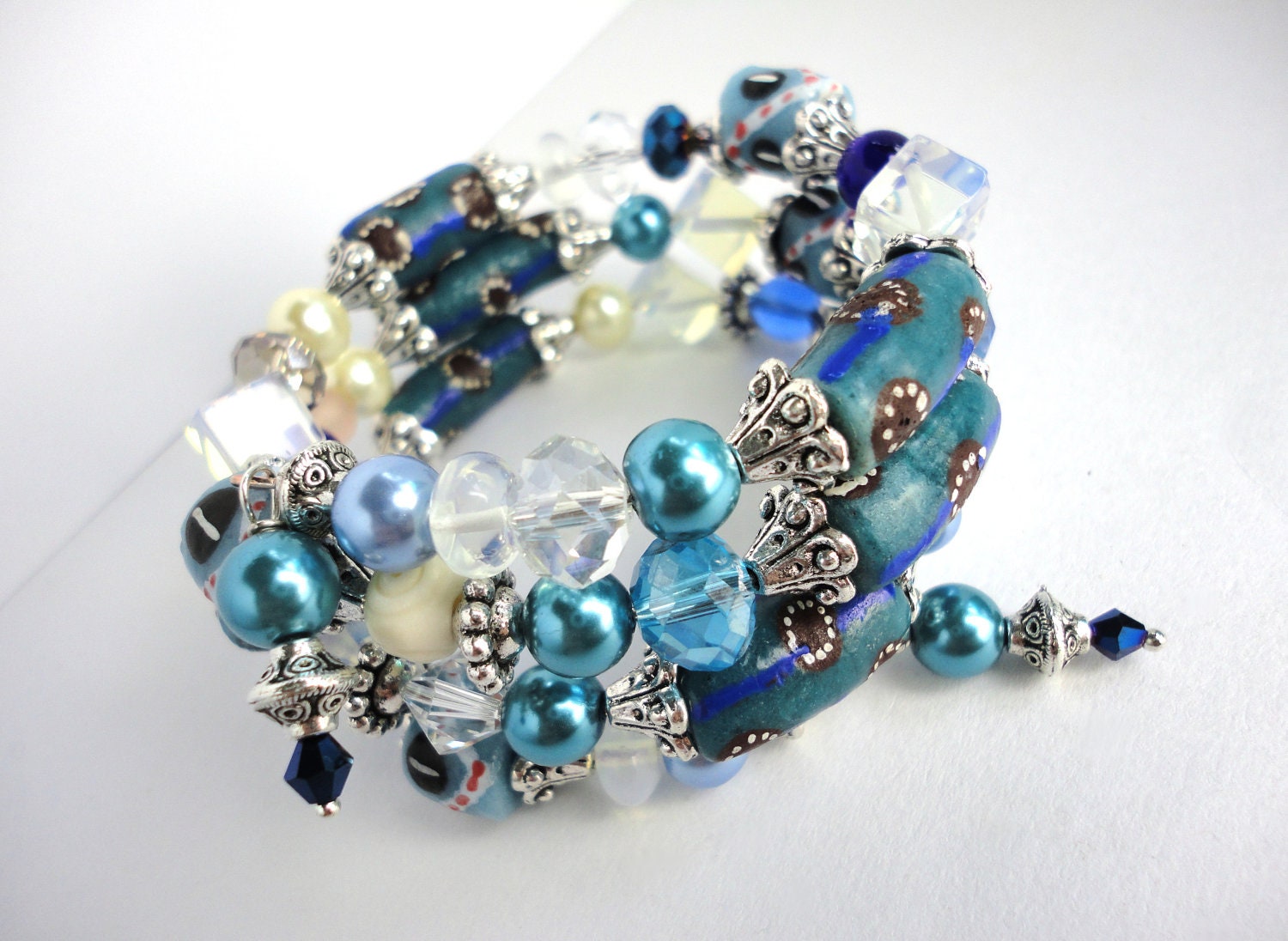ICE TEAL TWISTER Bracelet- Featuring Handmade African Krobo Trade Beads, Moonstone and Silver