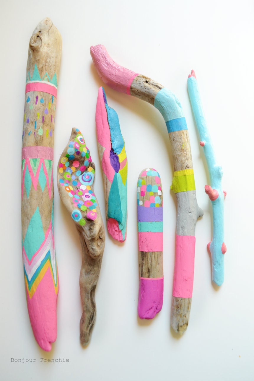 Neon Painted Sticks - 8 Piece Collection, Home Decor Props - Mantle Piece, Pattern, Driftwood Art, Stripes, Circles, Dots, Triangles, Boho