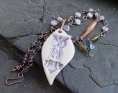Handmade Porcelain Owl Pendant, Glass Beads and Crystals on Handmade Copper Chain Necklace