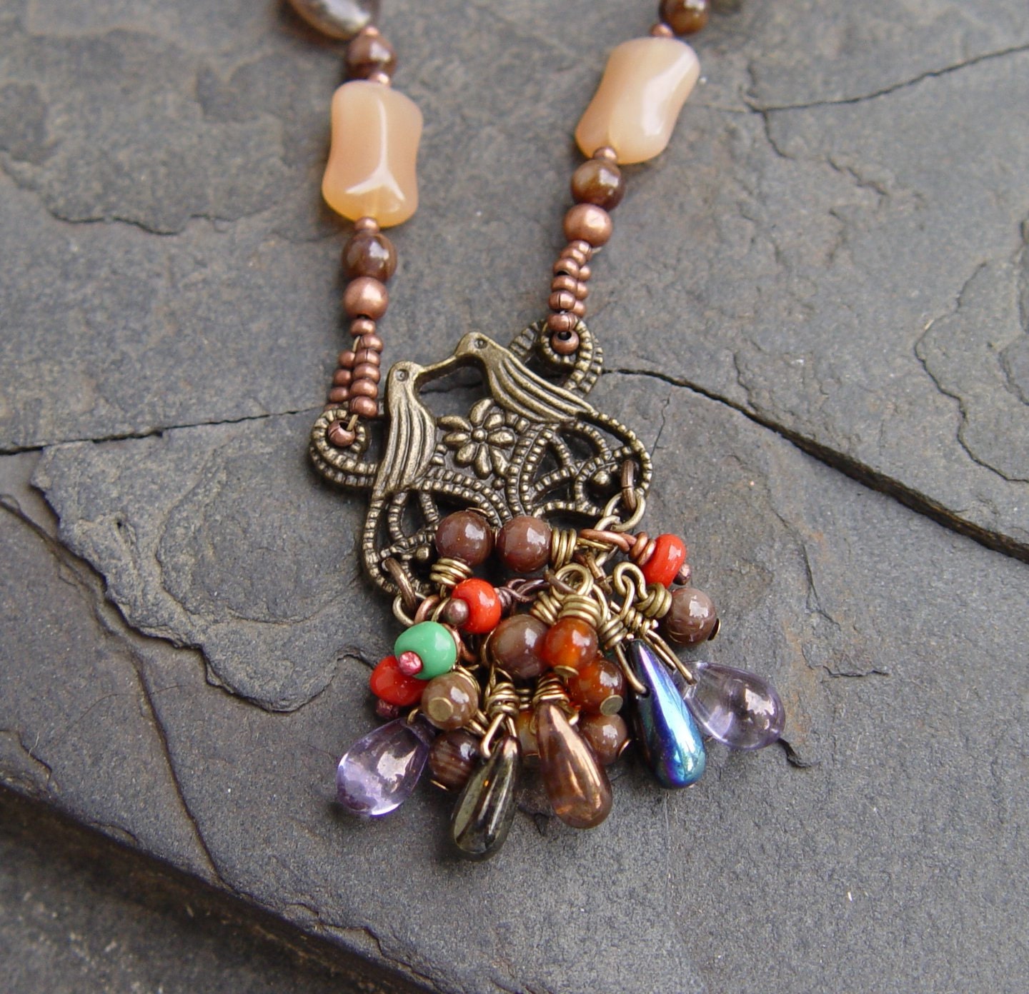 Kissing Lovebirds, Brass Birds, Glass Beads and Brass Chain Necklace Boho Woodland Fall Autumn