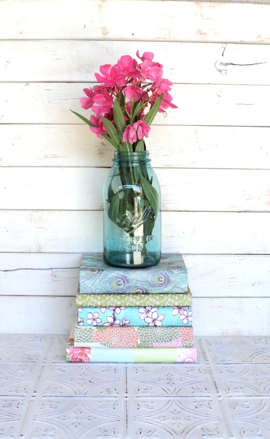 Vintage Books for your Wedding or shelf , Decorative Paper Covered Books Aqua, Coral, Pink, Green CUSTOMIZE Peacock Outdoor Floral