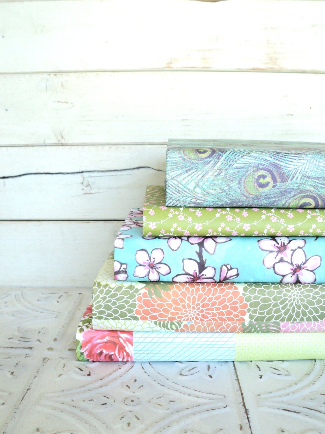 Vintage Books for your Wedding or shelf , Decorative Paper Covered Books Aqua, Coral, Pink, Green CUSTOMIZE Peacock Outdoor Floral