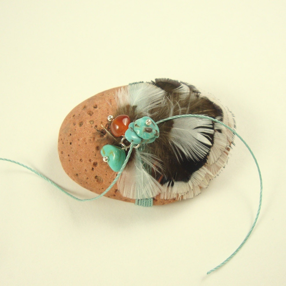 Sculpture Spirit Stone Turquoise Carnelian Layered Pheasant Feathers