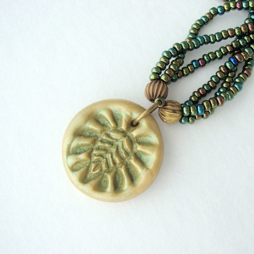 Jewelry Necklace Rustic Polymer Leaf Pendant Shimmer Green Pearl Three Strand Seed Bead